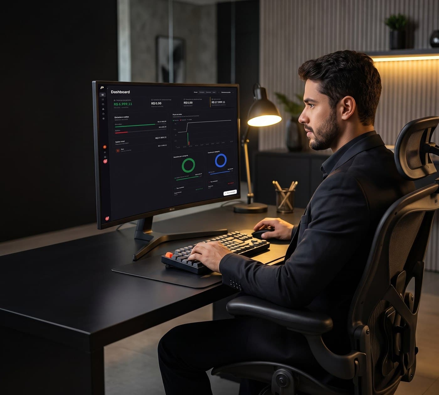 Pessoa usando o painel do PLTC num monitor, com saldo, entradas e saídas do mês